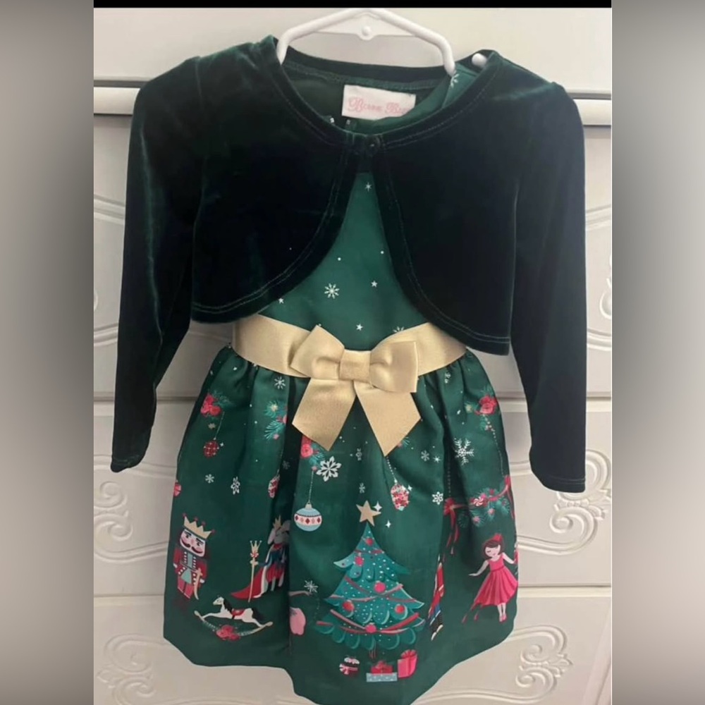 Bonnie Baby 2T holiday dress, velvety green cardigan, gold sash. Nutcracker